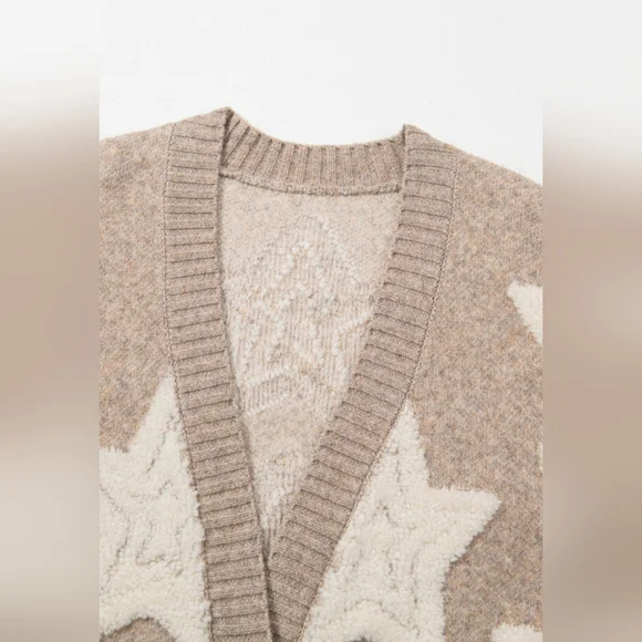 Khaki Sherpa Star Pattern Textured Sweater Cardigan with Pockets - Picture 8 of 16